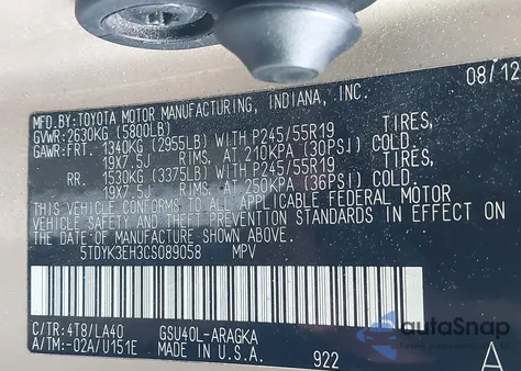 2012 Toyota Highlander Limited V6 from USA, damaged, VIN 5TDYK3EH3CS089058